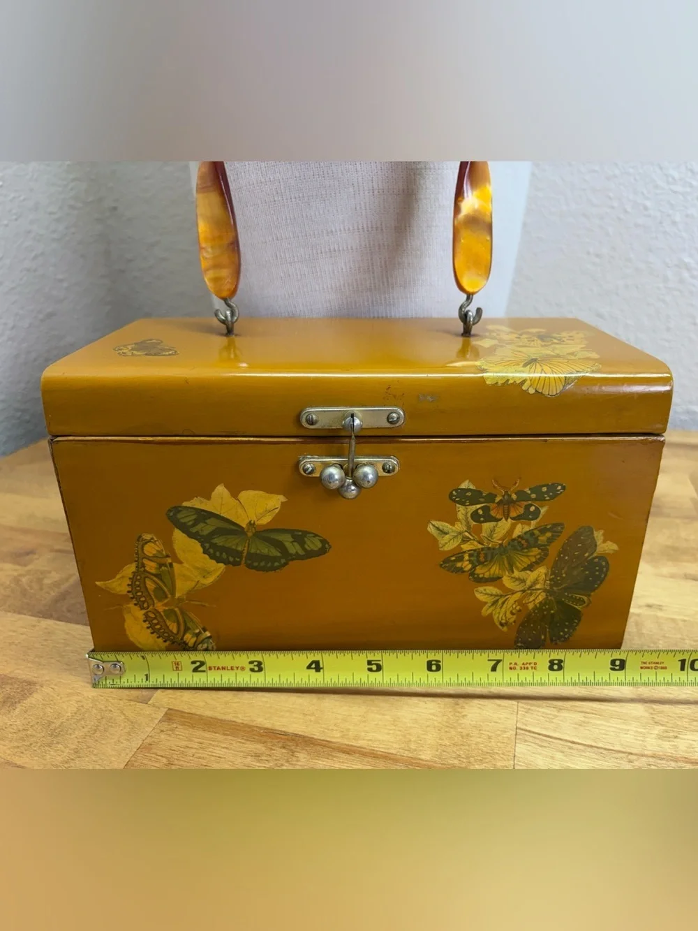 Vintage Butterfly Decoupage Wooden Box Purse Lucite Handle Vanity Case MCM